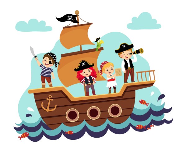 Vector illustration cartoon of kids pirates on the ship at the sea