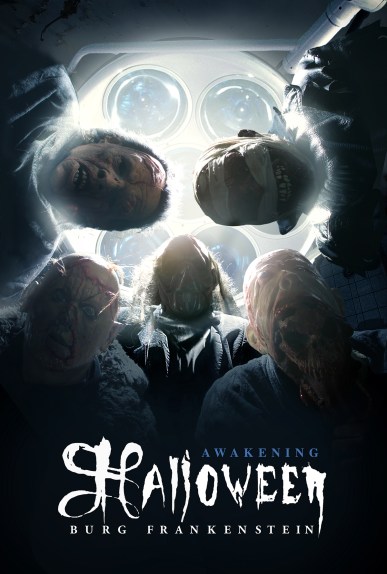 A Halloween poster showing horror masked surgeons looking down at a patient, the lights behind their heads creating a skull shaped image